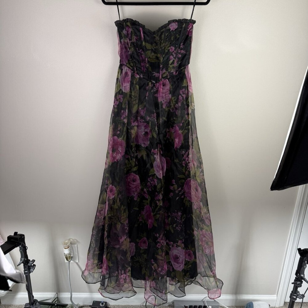 Lulus Strapless Floral Maxi Dress Corset Bodice Black Purple Wedding Guest - Picture 3 of 10